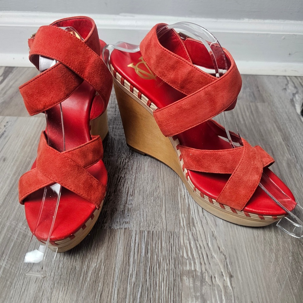 VC Signature Lene Wedge Sandals Women 8.5 Red Suede Wood Platform 70s Boho